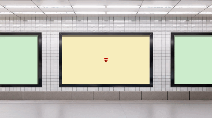 Three display panels mounted on a tiled wall, with the center panel showing a small red heart on a pale yellow background.