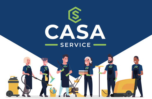 A diverse group of CASA Service cleaners in uniform with cleaning tools stands in front of the CASA Service logo.